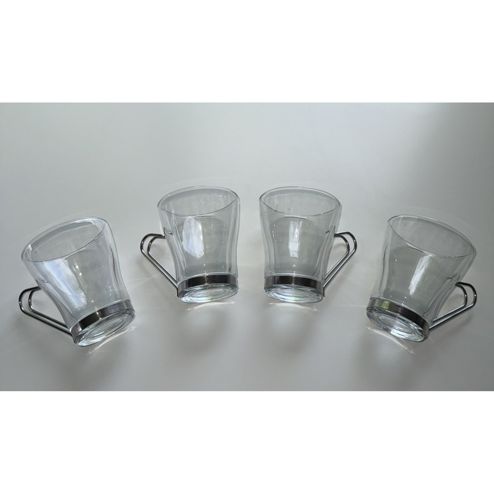 Vintage Bormioli Rocco Set of 4 Glass Coffee Tea Cups Stainless Steel Handle